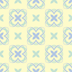 Floral seamless background. Blue and green flower pattern on beige backdrop