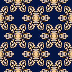 Golden flowers on blue background. Ornamental seamless pattern