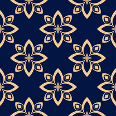 Golden floral seamless pattern on blue background
