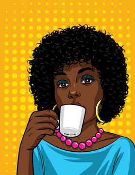 Vector illustration in comic art style of  beautiful african american woman with cup of coffee. Fashionable lady drinking a coffee over halftone dot background