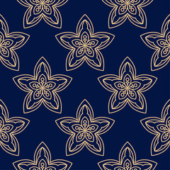 Fototapeta premium Golden floral seamless pattern on blue background