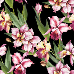 Seamless pattern with Orchids. Hand draw watercolor illustration. - 198361892