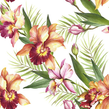 Seamless pattern with Orchids. Hand draw watercolor illustration.