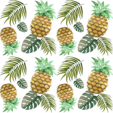 Watercolor pattern with palm leaves and pineapple