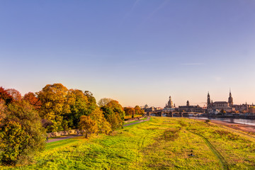 Historic old town of Dresden in autumn with colorful trees and leaves