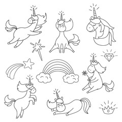 Fototapeta na wymiar Set with cute unicorns for coloring book.