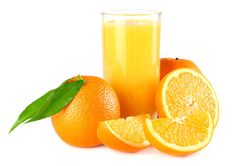 orange juice with orange and green leaf isolated on white background. juice in glass