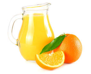 orange juice with orange and green leaf isolated on white background. juice in jug