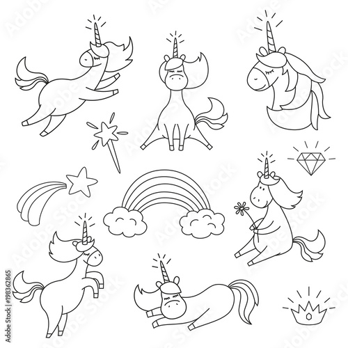 Set With Cute Unicorns For Coloring Book
