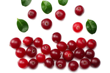 Cranberry with green leaves isolated on white background. top view