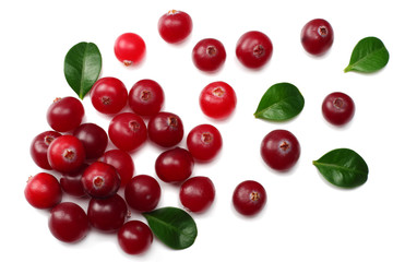 Cranberry with green leaves isolated on white background. top view