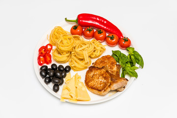 Fried pork ribs with spaghetti, cherry tomatoes, basil, olives, hot pepper and cheese