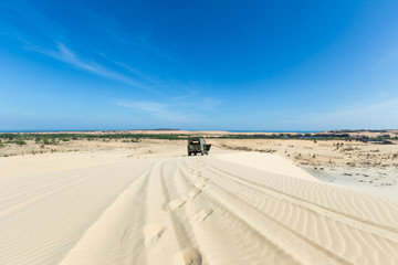 White sand dune in Mui Ne, Off road car, Vietnam, Travel