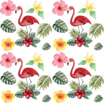 Watercolor tropical pattern with flamingo
