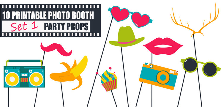 Bright photo booth props icon set vector illustration