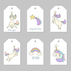 Set of tags with cute unicorns.