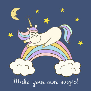 Illustration  with cute unicorn on blue background.