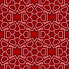 Geometric seamless pattern. Black and white elements on red background - 198364449