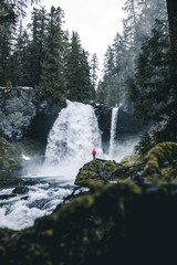 Person standing in front of a giant waterfall dropping from a ridge between pinetress in Oregon, USA