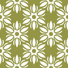 White flower on olive green background. Seamless pattern
