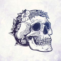Romantic skull with wreath of flowers and thorns.