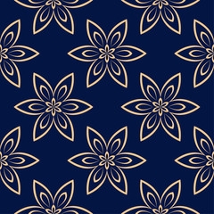 Golden floral seamless pattern on blue background