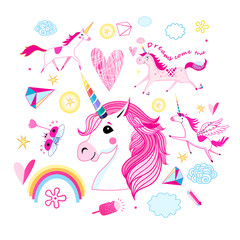 Obraz premium Vector cartoon set of unicorns and fabulous objects.