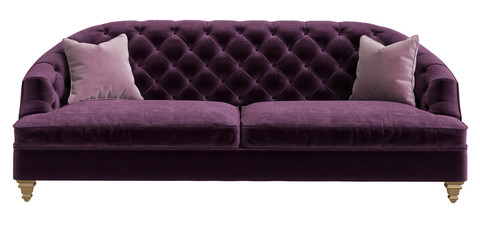 Classic tufted sofa purple color with 2 pink pillows isolated on white background.Front view