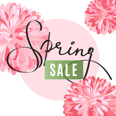 Spring sale pink flower poster. Vector illustration.