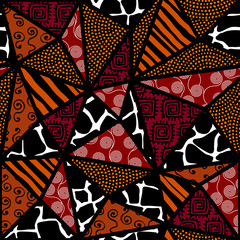 Ethnic boho seamless pattern in african style on black background. Tribal art print. Patchwork style. Vector image.