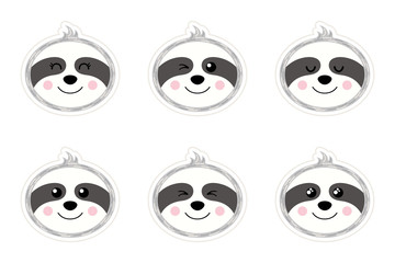 Fototapeta premium A set of flat smileys in the shape of a sloth. Cute cartoon pictures. Stickers. Vector illustration