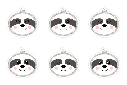 A set of flat smileys in the shape of a sloth. Cute cartoon pictures. Stickers. Vector illustration
