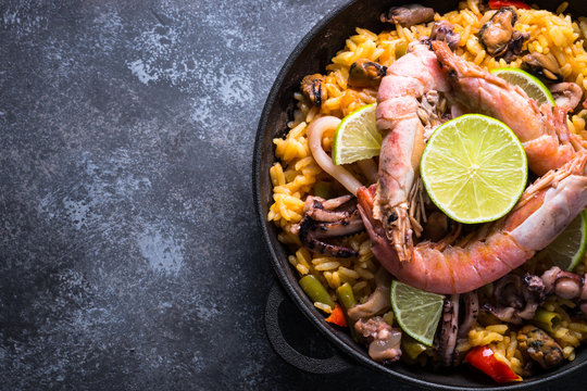 Seafood paella. Traditional spanish dish, top view.