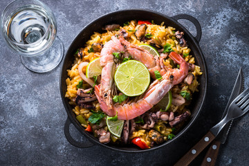 Seafood paella. Traditional spanish dish, top view.