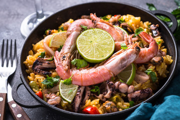 Seafood paella. Traditional spanish dish.