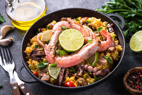Seafood paella. Traditional spanish dish.