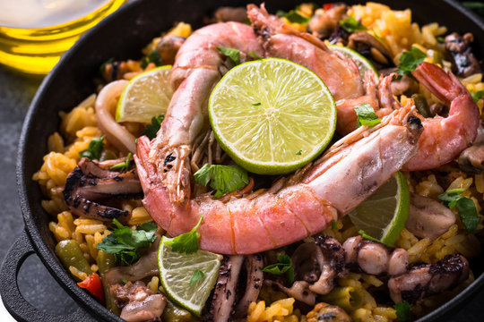 Seafood paella. Traditional spanish dish.