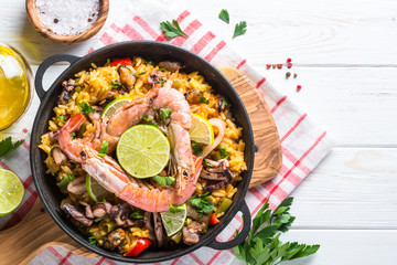 Seafood paella. Traditional spanish dish, top view.