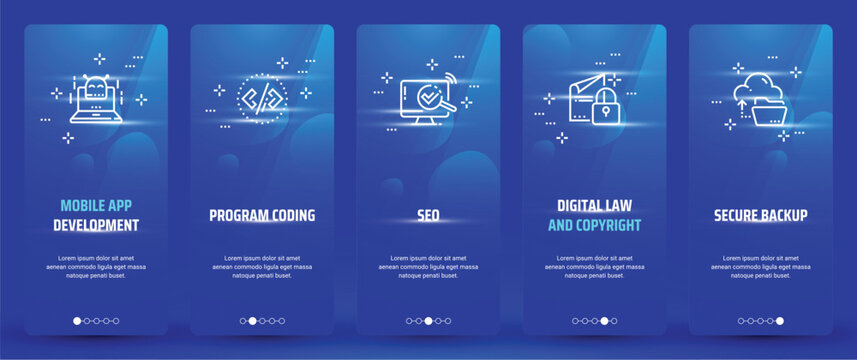 Mobile app development , Program coding, Seo, Digital law and copyright, Secure backup Vertical Cards with strong metaphors.