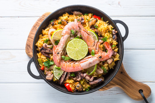 Seafood paella. Traditional spanish dish, top view.