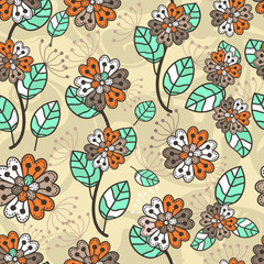 Seamless pattern. Decorated with leaves and flowers. Doodles style.
