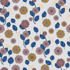 Seamless pattern. Decorated with leaves and flowers. Doodles style.