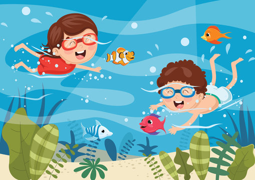 Vector Illustration Of Kids Diving