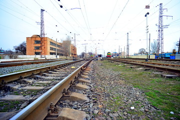 Fototapeta na wymiar The railway is wide. Rails and paths close-up.