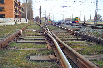 Fototapeta premium The railway is wide. Rails and paths close-up.