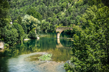 Fototapeta na wymiar Brocken stone bridge over the Tarn river in Rozier, France