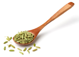 dried fennel seeds in the wooden spoon, isolated on white