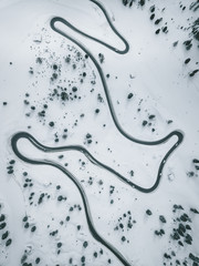 Aerial Photograph of Italian Mountain pass showing a black road winding up the snow covered maountain through pinetrees, Italy 