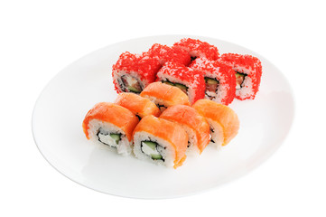 Salmon and tobico roll on plate