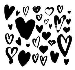Brush pen heart big set. Handwriting different hearts collection. Hand drawn unique illustration for postcard, printing, tatoo